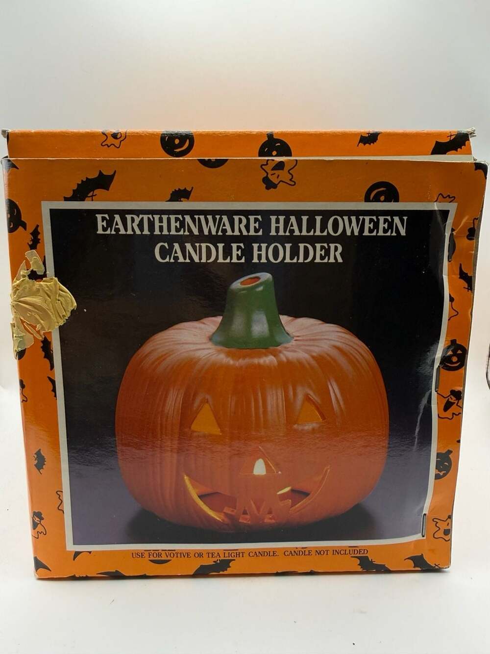Vintage Earthenware Halloween Pumpkin Jack O'Lantern Ceramic Candle Holder